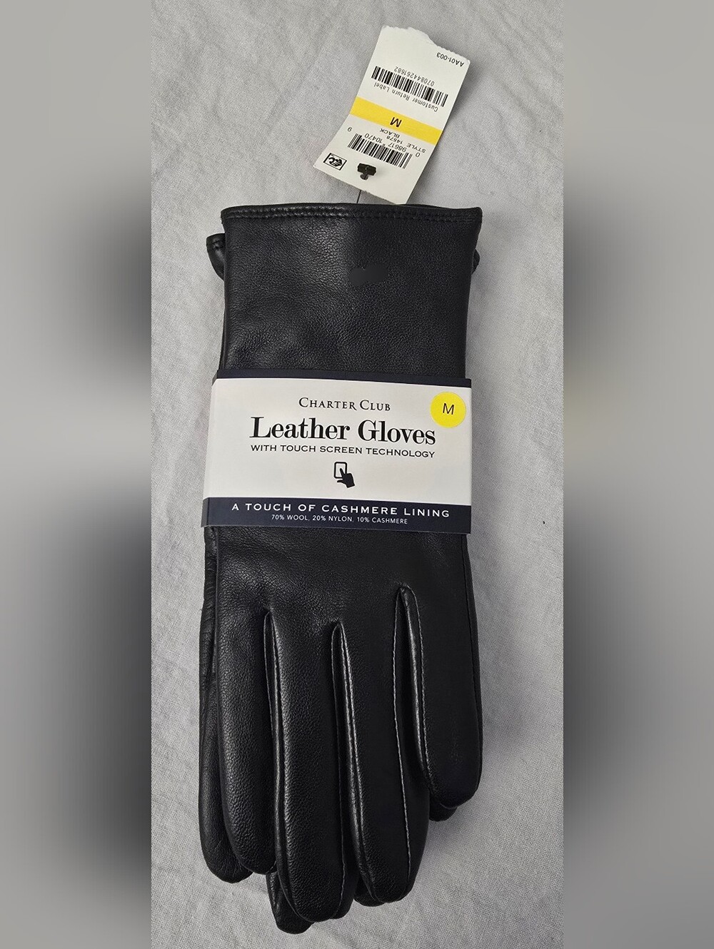 Charter Club Medium Black Leather Gloves Touch Tech Cashmere Wool Blend NWT